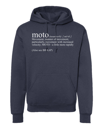 Hooded sweatshirt with original Moto Definition text design on chest by Crown Moto