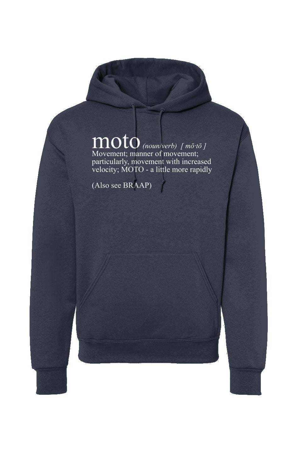 Hooded sweatshirt with original Moto Definition text design on chest by Crown Moto