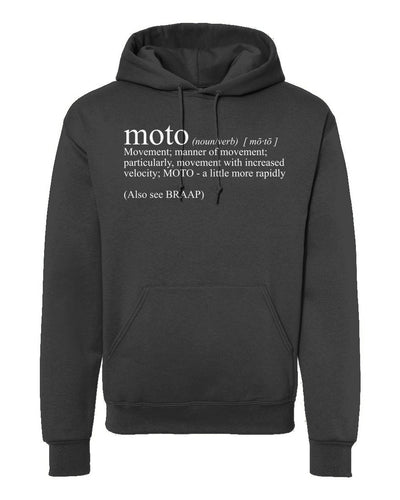 Hooded sweatshirt with original Moto Definition text design on chest by Crown Moto