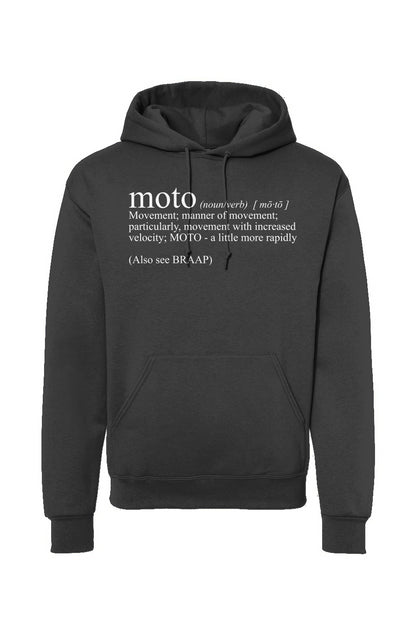 Hooded sweatshirt with original Moto Definition text design on chest by Crown Moto