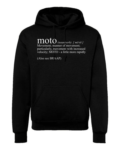 Black hooded sweatshirt with original Moto Definition text design on chest by Crown Moto