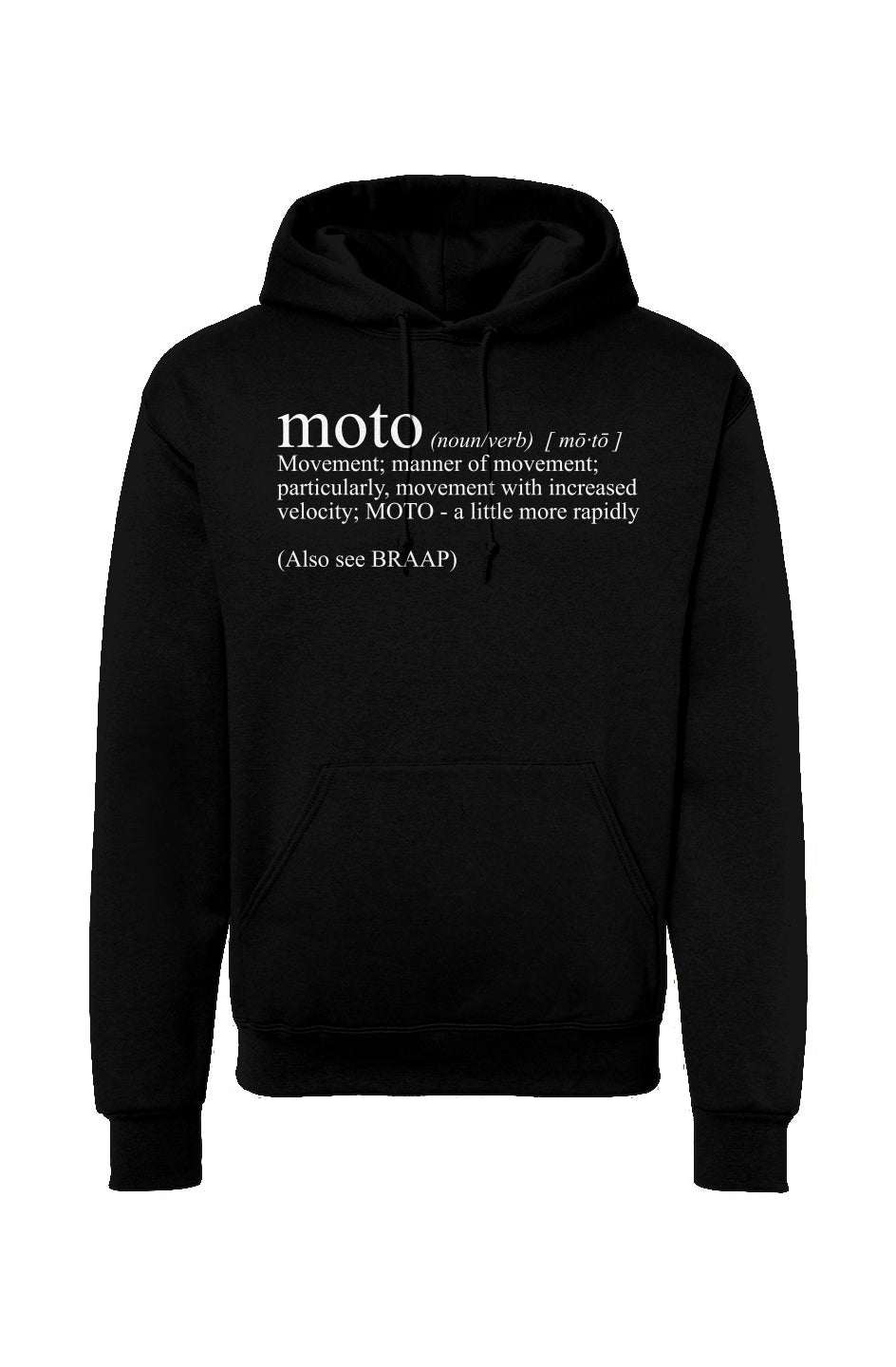 Black hooded sweatshirt with original Moto Definition text design on chest by Crown Moto