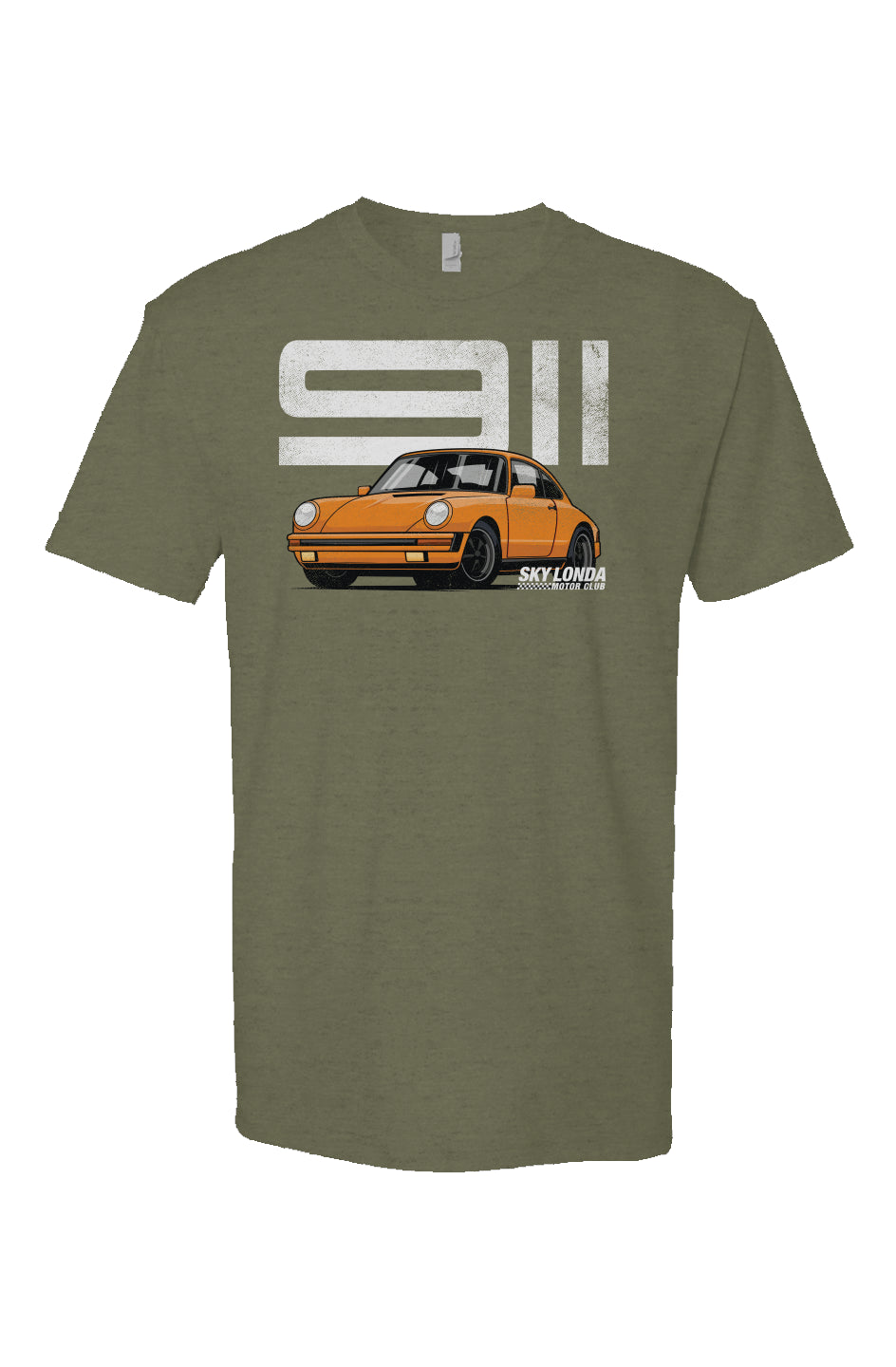 Heather short sleeve t-shirt with "Sky Londa Motor Club" Porsche 911 design on chest