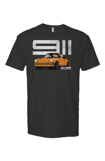 Heather short sleeve t-shirt with "Sky Londa Motor Club" Porsche 911 design on chest