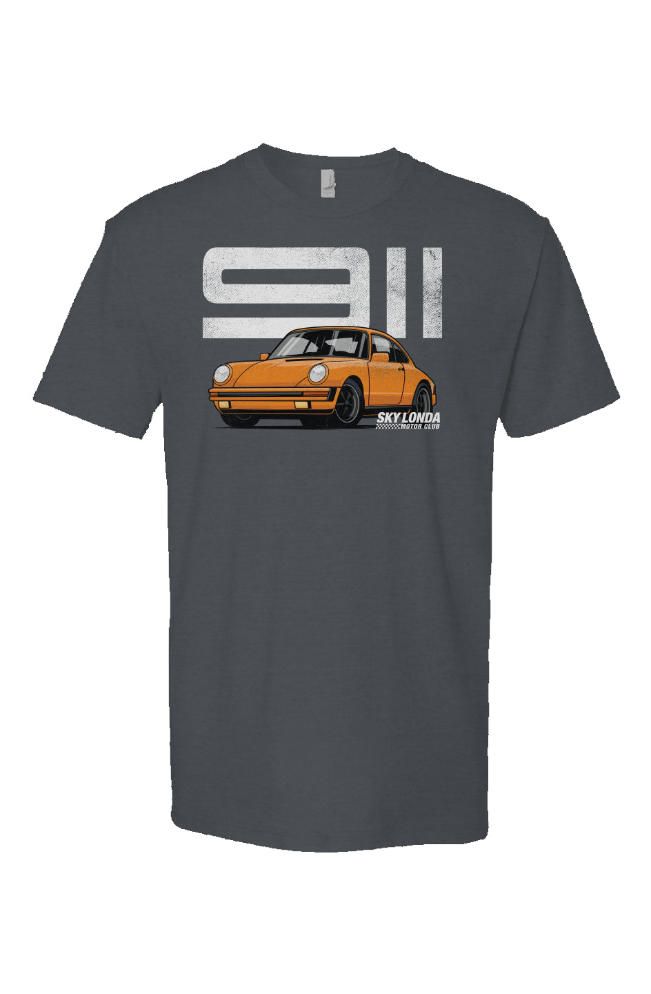 Heather short sleeve t-shirt with "Sky Londa Motor Club" Porsche 911 design on chest