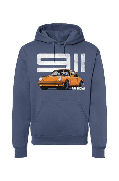 Premium hooded sweatshirt with "Sky Londa Motor Club" Porsche 911 design on chest