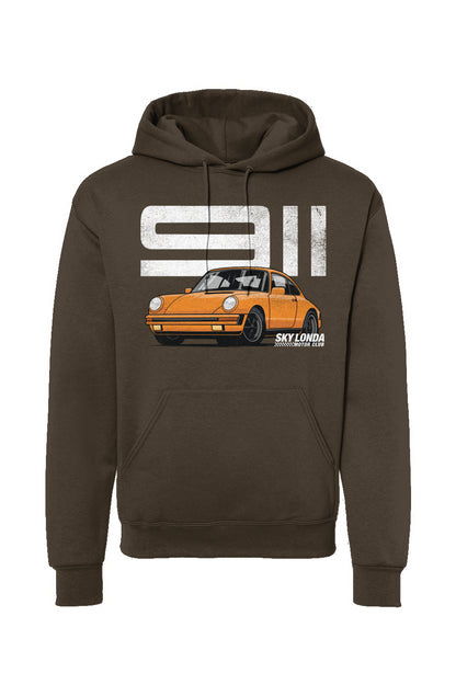 Premium hooded sweatshirt with "Sky Londa Motor Club" Porsche 911 design on chest