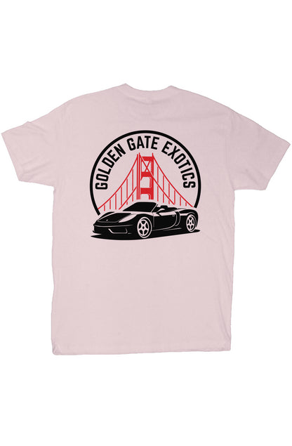 Golden Gate Exotics logo with porsche and the golden gate bridge on short sleeve t-shirt