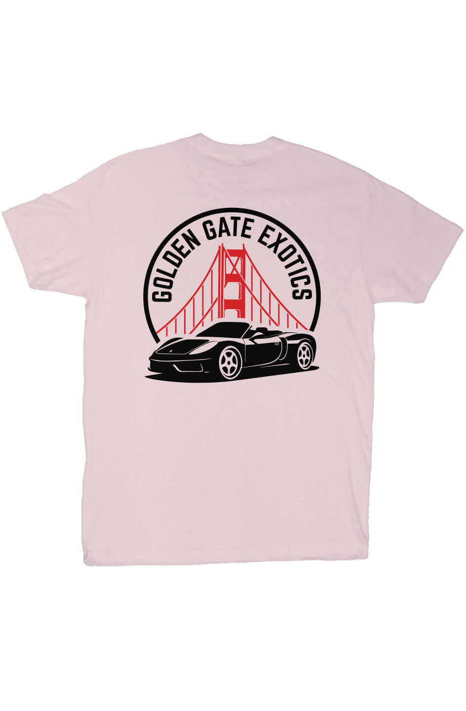 Golden Gate Exotics logo with porsche and the golden gate bridge on short sleeve t-shirt