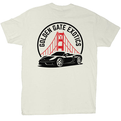 Golden Gate Exotics logo with porsche and the golden gate bridge on short sleeve t-shirt