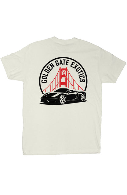 Golden Gate Exotics logo with porsche and the golden gate bridge on short sleeve t-shirt