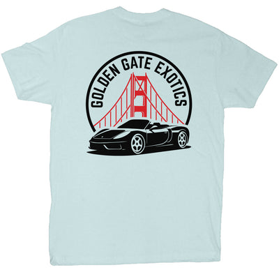 Golden Gate Exotics logo with porsche and the golden gate bridge on short sleeve t-shirt