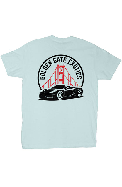 Golden Gate Exotics logo with porsche and the golden gate bridge on short sleeve t-shirt