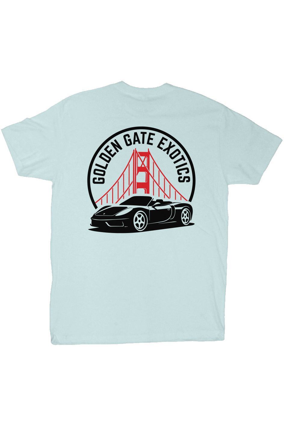 Golden Gate Exotics logo with porsche and the golden gate bridge on short sleeve t-shirt