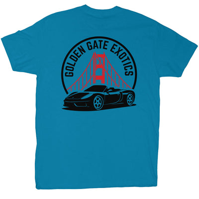 Golden Gate Exotics logo with porsche and the golden gate bridge on short sleeve t-shirt