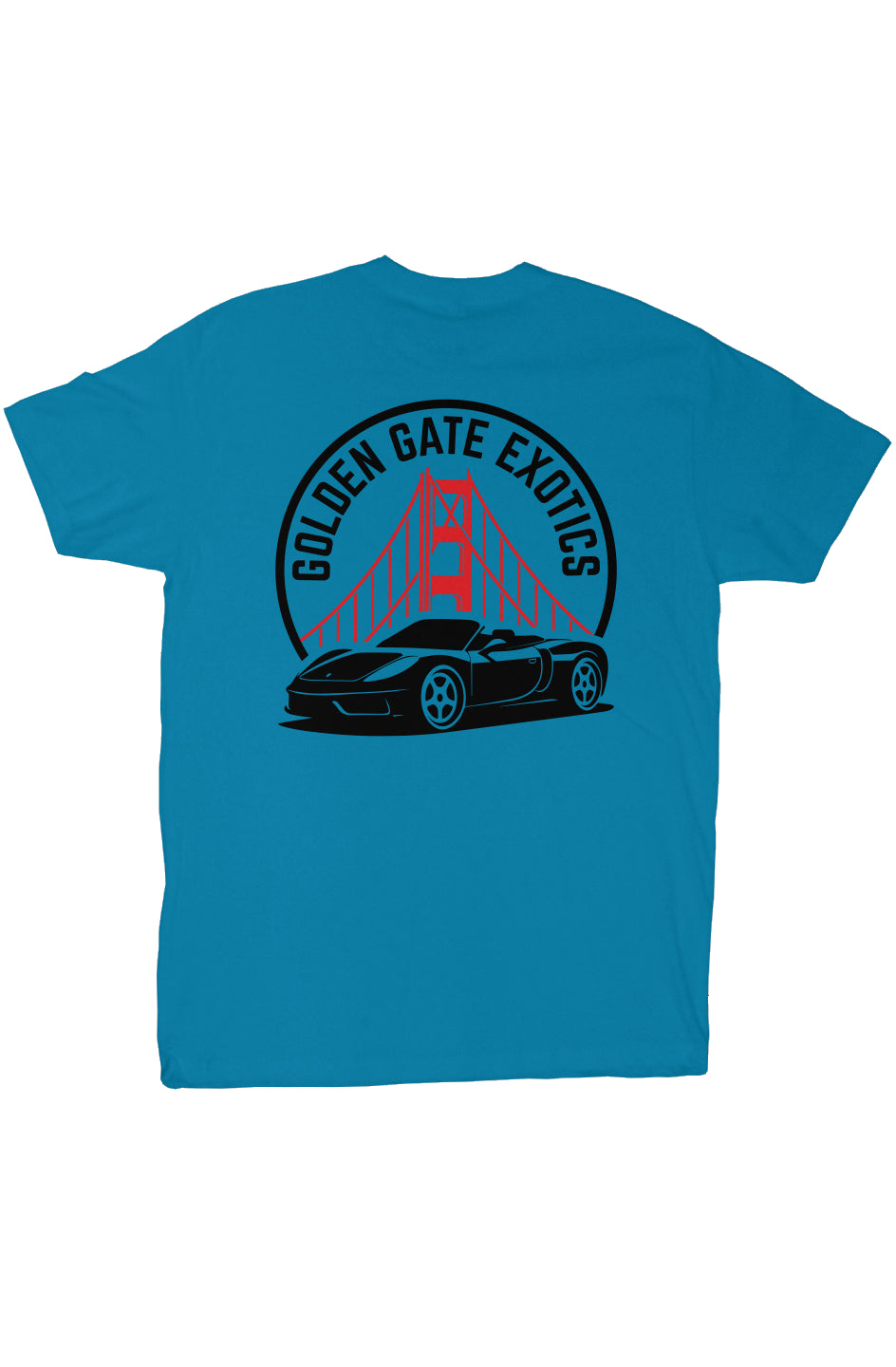 Golden Gate Exotics logo with porsche and the golden gate bridge on short sleeve t-shirt