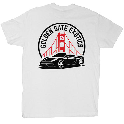 Golden Gate Exotics logo with porsche and the golden gate bridge on short sleeve t-shirt