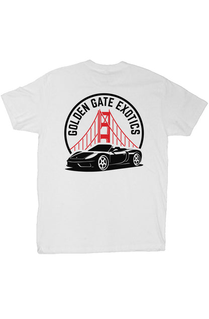 Golden Gate Exotics logo with porsche and the golden gate bridge on short sleeve t-shirt