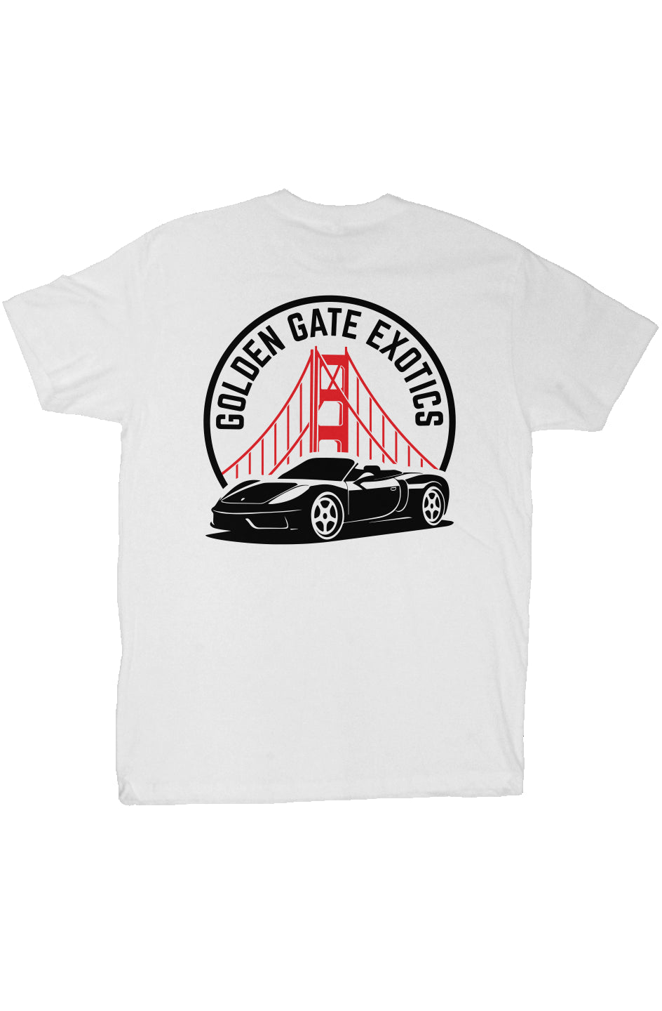 Golden Gate Exotics logo with porsche and the golden gate bridge on short sleeve t-shirt