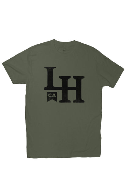 short sleeve t-shirt with La Honda CA LH monogram design on chest