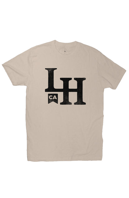 short sleeve t-shirt with La Honda CA LH monogram design on chest