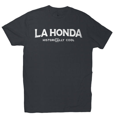 short sleeve t-shirt with La Honda Historically Cool design on chest