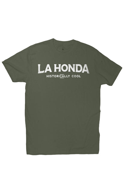 short sleeve t-shirt with La Honda Historically Cool design on chest