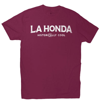 short sleeve t-shirt with La Honda Historically Cool design on chest