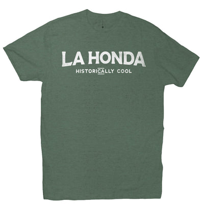 short sleeve t-shirt with La Honda Historically Cool design on chest