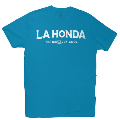 short sleeve t-shirt with La Honda Historically Cool design on chest