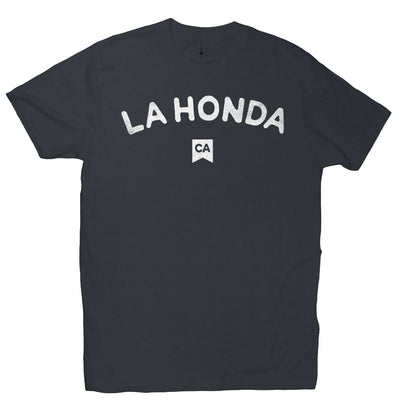 La Honda CA design on chest of short sleeve t-shirt