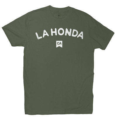 La Honda CA design on chest of short sleeve t-shirt