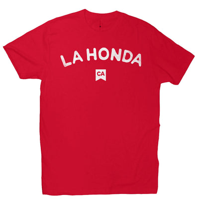 La Honda CA design on chest of short sleeve t-shirt