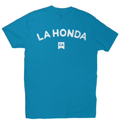 La Honda CA design on chest of short sleeve t-shirt