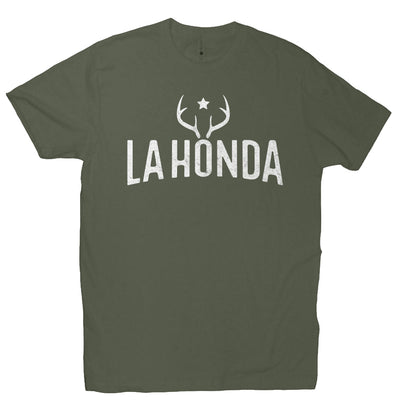 La Honda Venison design on chest of short sleeve t-shirt
