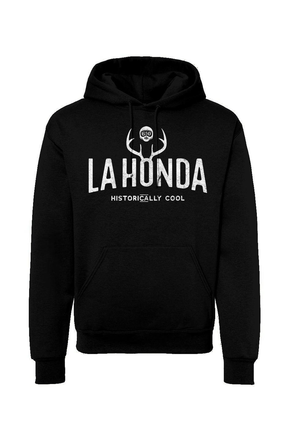 La Honda Historically Cool 650 design on chest of hooded sweatshirt