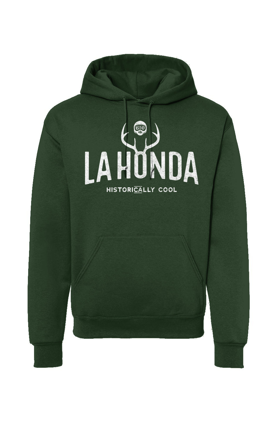 La Honda Historically Cool 650 design on chest of hooded sweatshirt