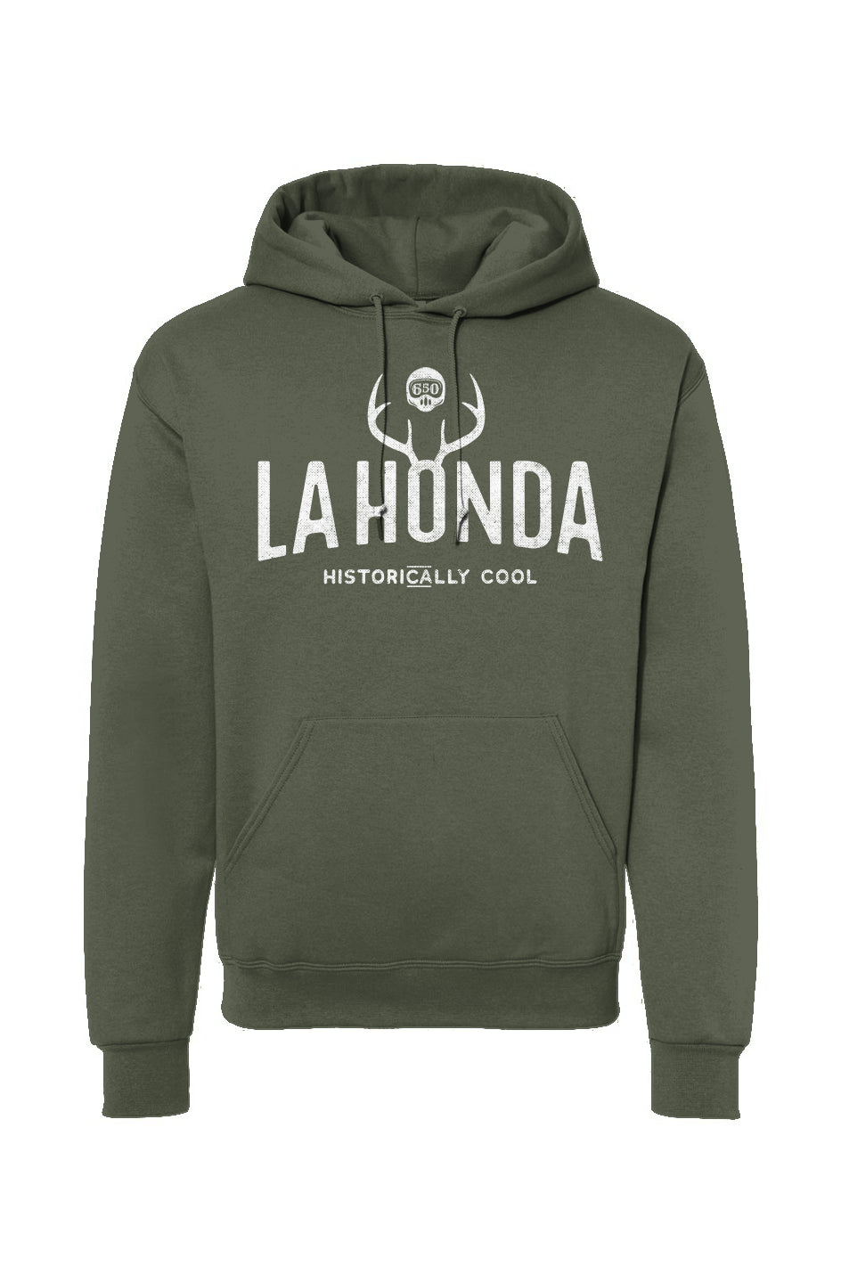 La Honda Historically Cool 650 design on chest of hooded sweatshirt