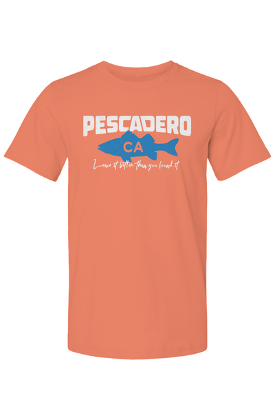Pescadero Fish CA design on chest of short sleeve t-shirt