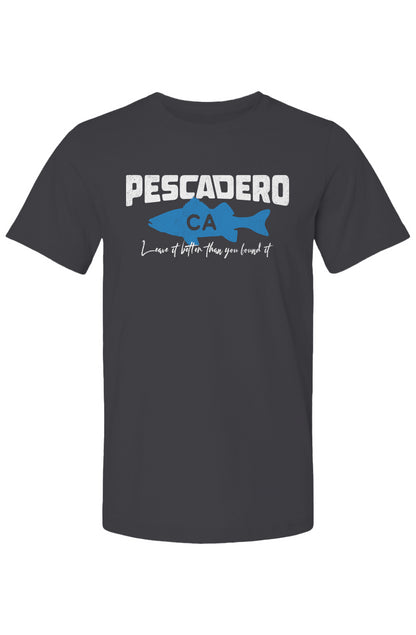 Pescadero Fish CA design on chest of short sleeve t-shirt