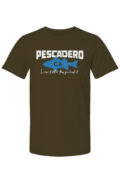 Pescadero Fish CA design on chest of short sleeve t-shirt