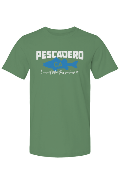 Pescadero Fish CA design on chest of short sleeve t-shirt