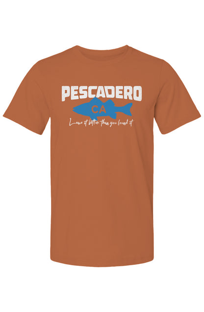 Pescadero Fish CA design on chest of short sleeve t-shirt