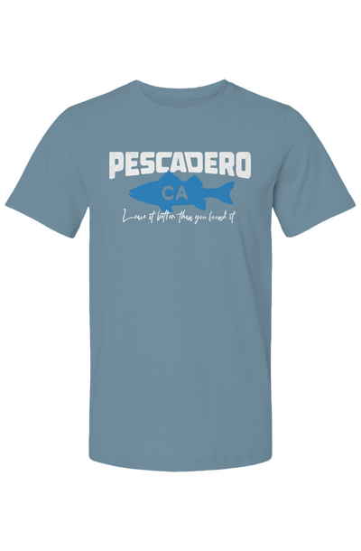 Pescadero Fish CA design on chest of short sleeve t-shirt