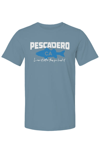 Pescadero Fish CA design on chest of short sleeve t-shirt