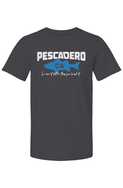 Pescadero Fish CA design on chest of short sleeve t-shirt