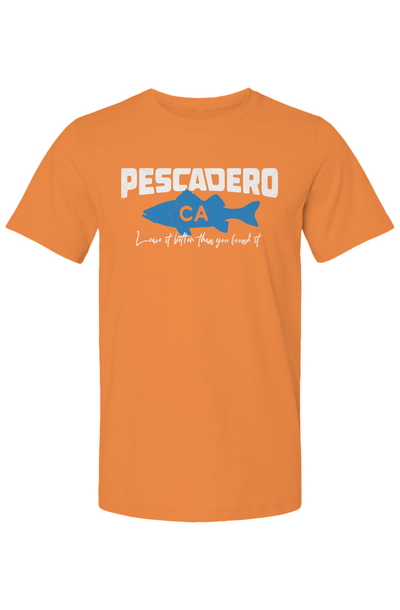 Pescadero Fish CA design on chest of short sleeve t-shirt