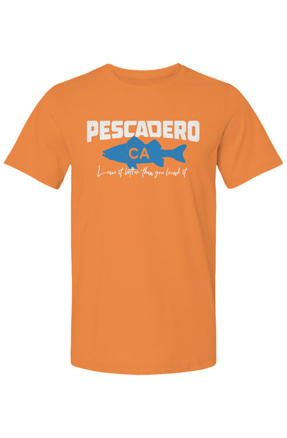 Pescadero Fish CA design on chest of short sleeve t-shirt