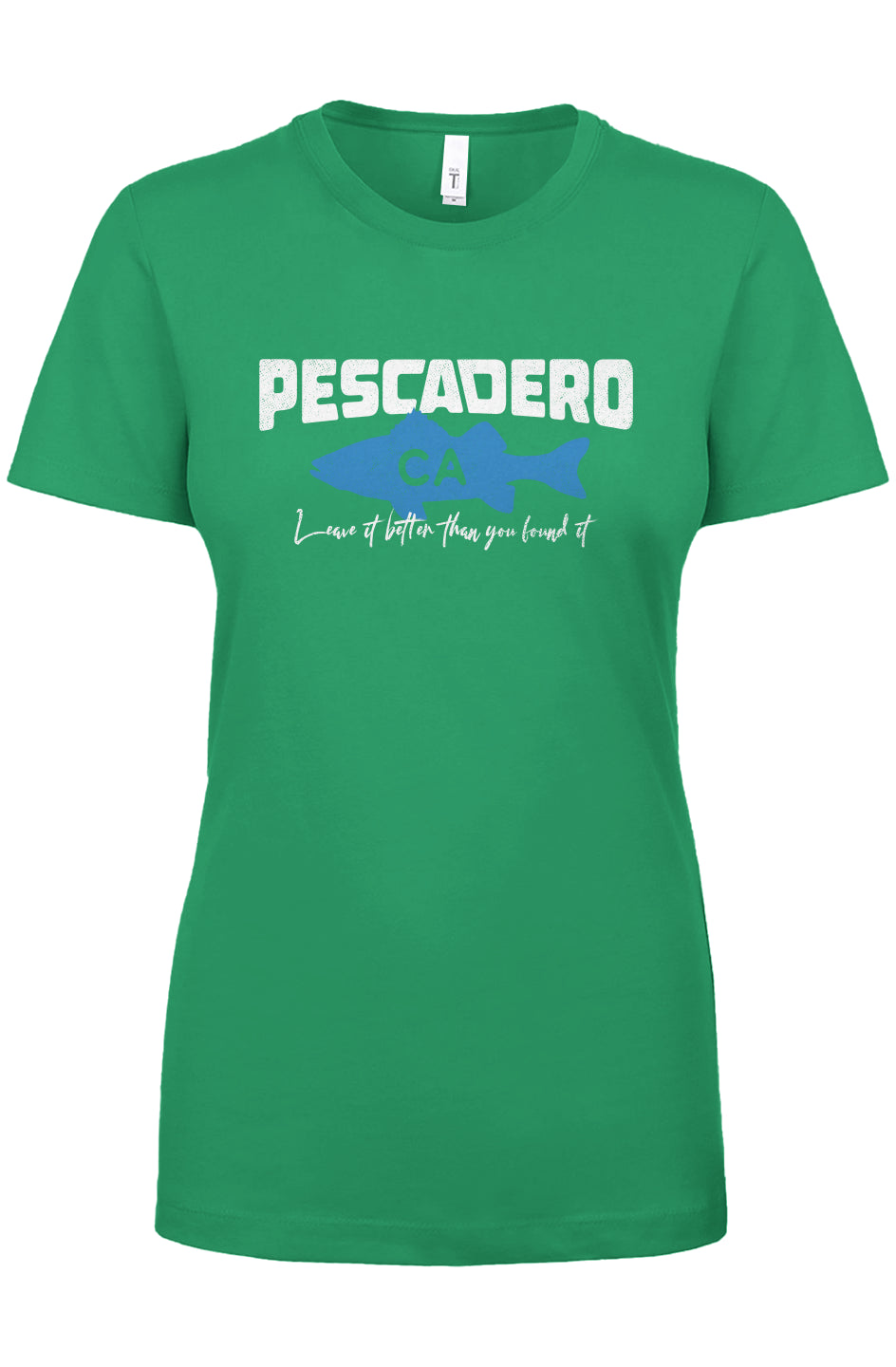 Pescadero fish CA design on chest of women's t-shirt