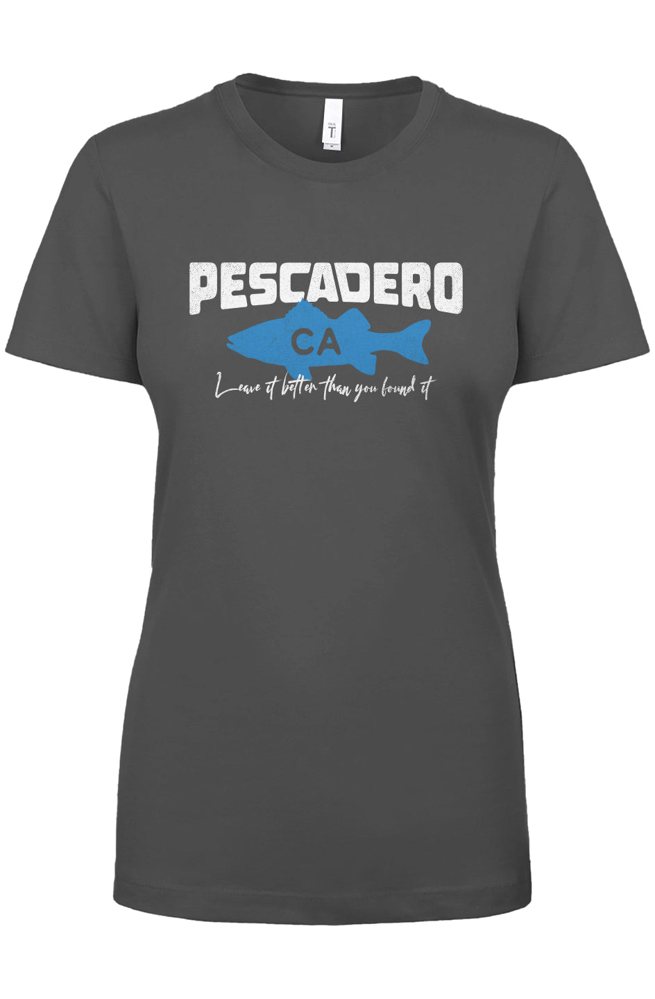 Pescadero fish CA design on chest of women's t-shirt